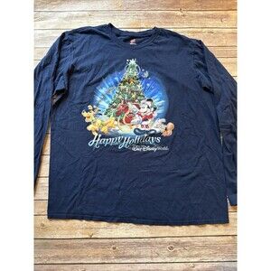 Disney World MICKEY MOUSE Santa Pluto HAPPY HOLIDAYS Blue T-SHIRT XL Long Sleeve